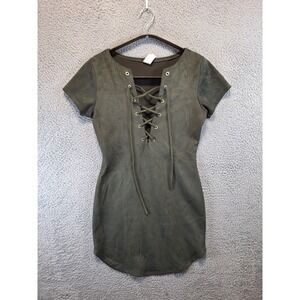 Windsor Mini Bodycon Dress Womens L Green Short Sleeve Velvet Criss Cross Neck